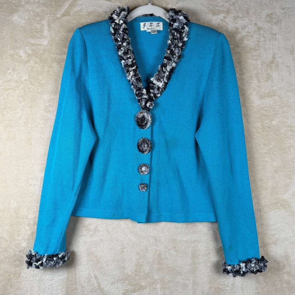 J.S.S. Vintage Turquoise Blue Knit Ruffle Trim Button Front Cardigan Made in USA